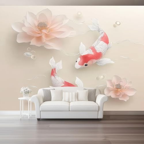 Papel tapiz no tejido Chino 3D Carpa Flores, 300 x 210 cm 3D FotografíA Mural para Sala Cuarto Oficina Salón Decoración, Rosa Claro Papel pintado