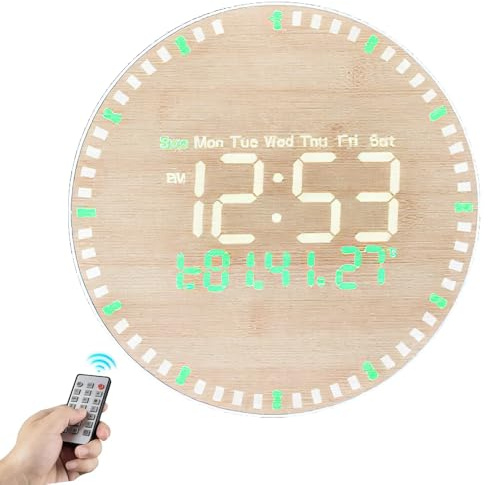 Calenxy 10'' Digitale LED Wanduhr Groß, Hölzerne Wanduhr Digitale mit Fernbedienung und Tischständer, Wanduhren mit Zeit Datum Temperatur Luftfeuchtigkeit Automatische Helligkeit Alarm 24/12-Stunden