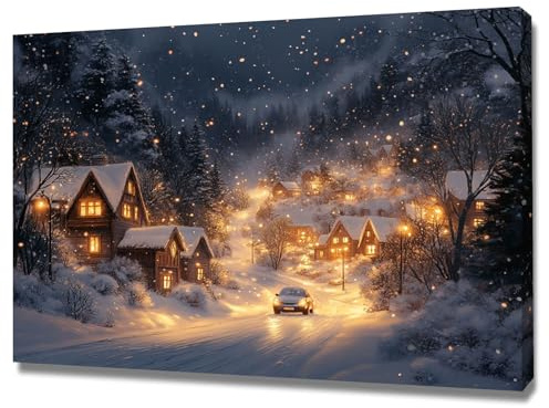 AMXBZC Moderni Quadri paesaggio Scena dell'albero della capanna invernale Poster Soggiorno -Quadro Camera Da Letto, Cucina Sala Da Pranzo Bagno Stampe su tela(Giallo)-60x90cm Incorniciato