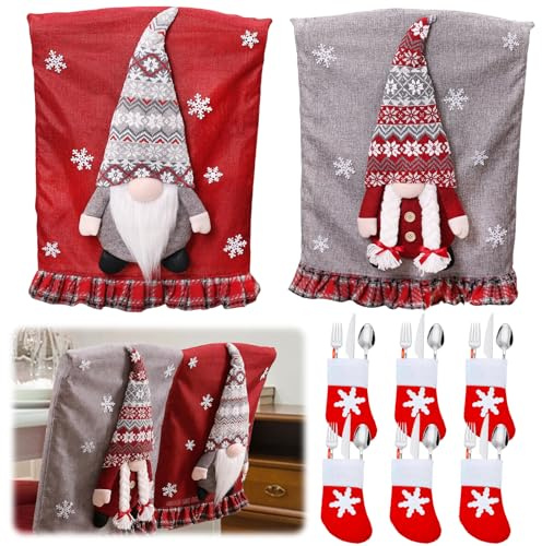 LETTERASHQP 2 Stück Stuhlhussen Weihnachten Weihnachtshussen für Stühle Weihnachten Stuhlhussen Rot Stuhlüberzug Zwerg Stuhlbezug Weihnachts Stuhlbezüge Dekoration mit 6 Stück Besteck Dekoratives