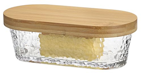 SUMNACON Contenedor de almacenamiento de vidrio transparente con tapa de bambú, bandeja de mantequilla con patrón de martillo, soporte para mantequilla de cocina, almacenamiento con capacidad para 1
