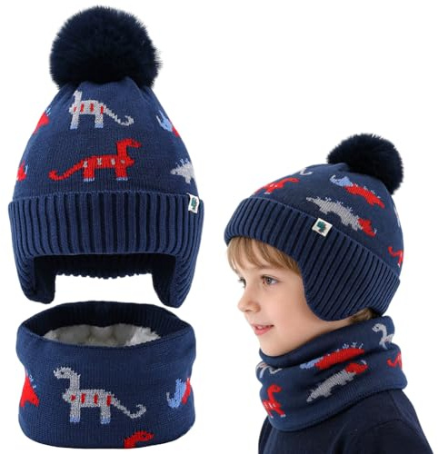 HATFRYF Kids Winter Knitted Hat and Scarf Set, Knitted Baby Hat Winter Warm Boys Girls Beanie Fleece with Dinosaur Pattern for 6 Months - 8 Years Boys Girls Toddler Navy Blue