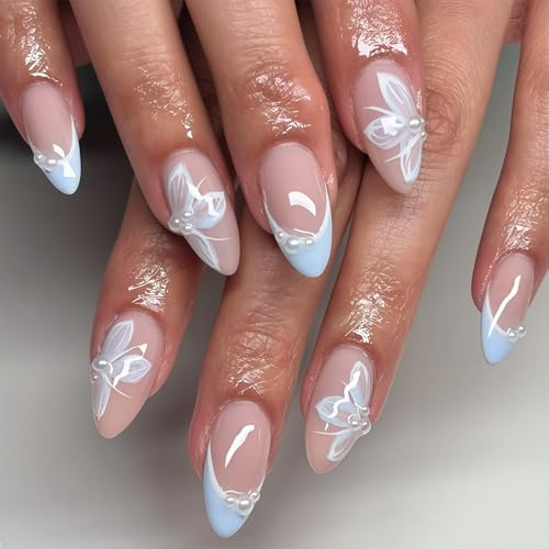 Auroriel 24 Stück Mandel Press On Nägel Französische Spitzen Schmetterling Acryl Künstliche Nägel Klar Vollabdeckung Klebe Nägel für Frauen