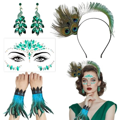 GTJEOI Pfau Kostüm Damen, Pfau Haarschmuck + Feder Manschetten Hand + Glitzersteine Gesicht, Pfauenfedern Haarschmuck, pfaus Accessoires zum Karneval Festival Cosplay