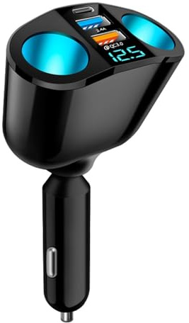 Car Charger Cigarette Lighter Adapter QC3.0＆PD Fast Charging Car Charger Adapter with LED Voltmeter, Cigarette Lighter USB Charger for Front/Back Seat Use 12V/24V Car Splitter for Phones GPS Dashcams