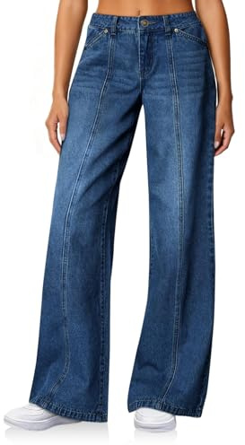 Cicy Bell Jeans da donna a vita alta, gamba larga, cucitura anteriore, con tasche, Blu, 48