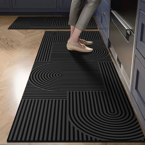 Hixingo Küche Teppich rutschfest Kieselgur Küchenläufer, Webmuster Abwaschbar Schnelltrocknend Küchenteppich Absorbierend Teppich Läufer Küchenmatte für Wohnzimmer (Schwarz,50x180cm)