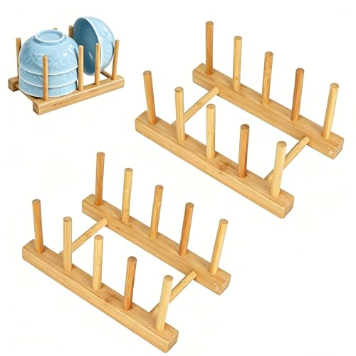 LPVVPEZ Wooden Plate Rack 2 Pack, Wooden Dish Drainer for Cupboards, Plate Racks with 4 Slots for Cutting Boards Pot Lids Dinner Plates Bowls Cups, Pine Wood Kitchen Storage Rack