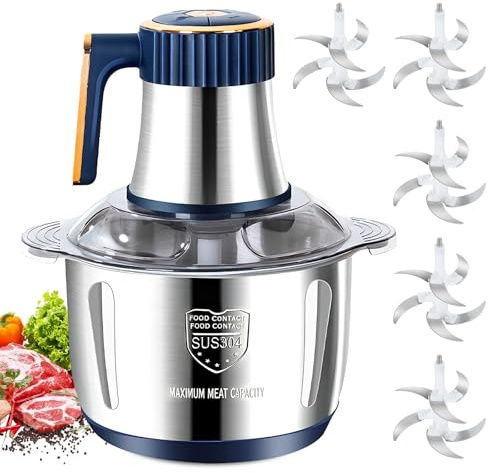 Food Processor 5L, Electric Food Chopper Multifunctional with 500W Motor, Electric Vegetable Chopper, 6 Stainless Steel Blades & 5 Blade Sets for Meat, Vegetables, Fruits
