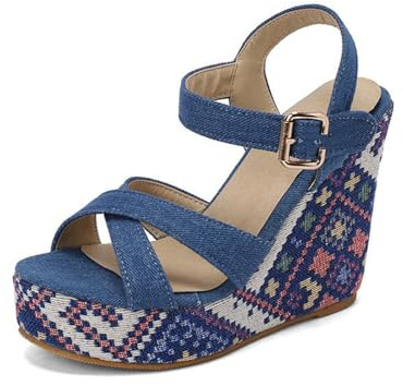 Generico Sandali con Tacco A Cuneo Tessuto Stampa Geometrica Fascia Incrociata Punta Aperta Tracolla Caviglia Regolabile in Jeans Primavera Boho Spiaggia Vacanze,Blu,37.5 EU
