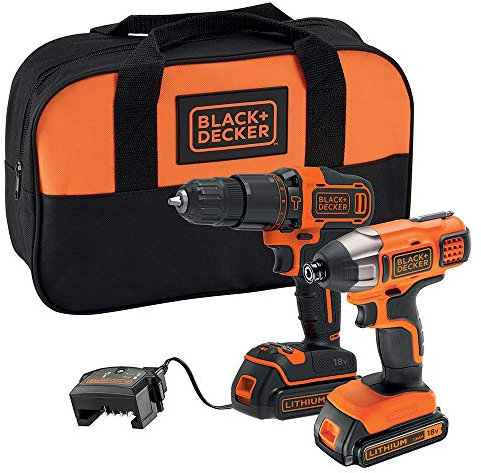 BLACK+DECKER 18 V Cordless Combi Drill Power Tool with Impact Drill Driver, Storage Tool Bag, 2 x 1.5 Ah Lithium-Ion Batteries, BCK25S2S-GB