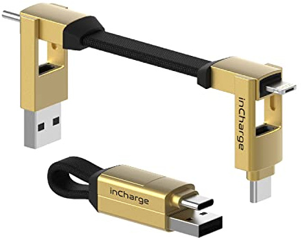 Rolling Square inCharge 6 - Schlüsselanhänger mit USB-C-Kabel, Universal-Smartphone-Kabel, Geschenk für Männer, Handy-Aufladegerät 6-in-1, technologisches Gadget, Gold, Lightning-Kabel 15 W