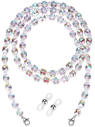 REVEMCN Crystal Beaded Eyeglass Chain Face Mask Holder Chain Necklace Mask Lanyard Glasses Strap for Women Sunglasses Chains (Pink & Purple)