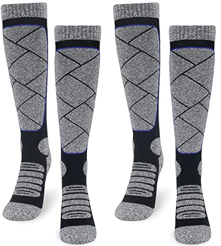 ouhos Mens Thermal Ski Socks Black Grey Long Knee High Winter Thick Warm Snow Sports Socks for Men 9-12 Anti Blister Cushioned Snowboarding Mountaineering Hiking Work Socks 2 Pairs