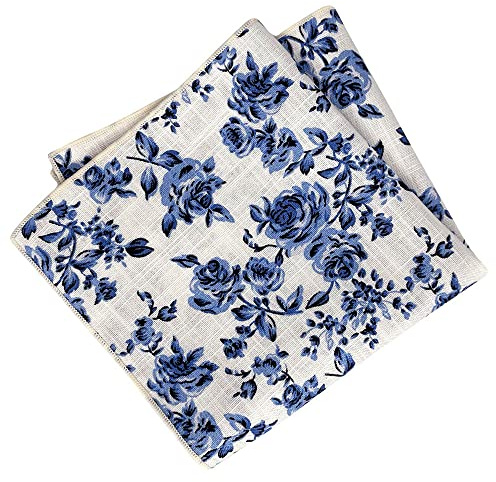 Kebocis Mens Blue Floral Pocket Square Handkerchief for Men, White