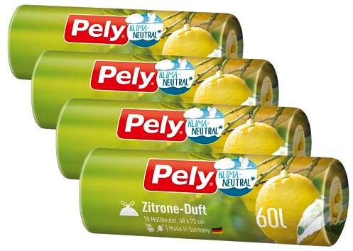 Pely Zugband Müllbeutel mit Zitronen Duft - Vorteilspack (4 x 10 Stück), gelb, für die Entsorgung von Restabfall (60 Liter) mit angenehmen Duft
