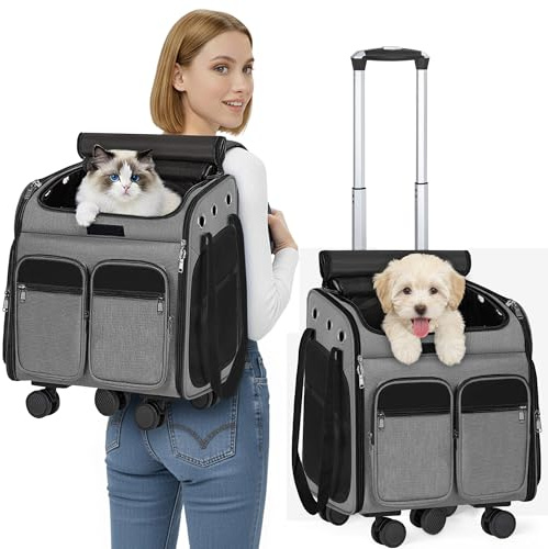 OUUTMEE Con carro 2 en 1 hasta 20 kg, mochila para gatos grande con ruedas, mochila multifuncional, transpirable, gris