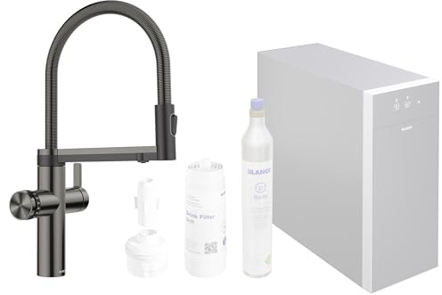 BLANCO CHOICE Icona Robinet de cuisine en acier inoxydable satiné dark steel Robinet multifonction tout-en-un Eau froide calme, moyenne, pétillante et bouillante Avec application pour personnaliser