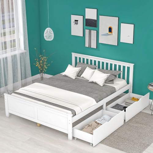 MQGPM Holzbett Doppelbett 140 x 200 cm mit Zwei Schubladen, Kinderbett mit Kopfteil und Lattenrost, Einfacher Stil, Jugendbett, Bettgestell aus Kiefernholz, Weiß