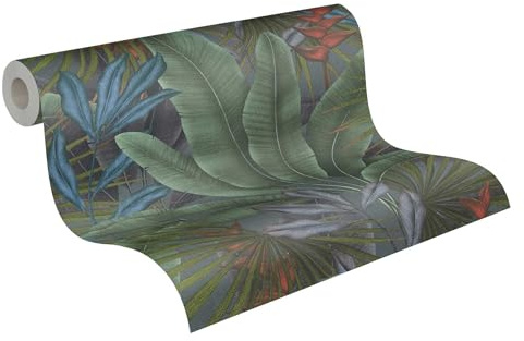 livingwalls Palmenblatt-Vliestapete – Grün, Grau, Blau – 10,05 x 0,53 m | Florales Palmenblatt-Motiv als natürlicher Blickfang – matte Motivtapete, einfach zu verkleben & spurlos abziehbar