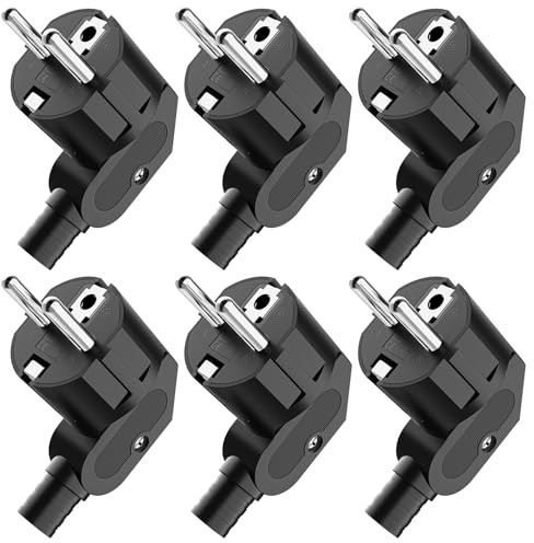 PABANCE Conector Schuko Angular, Enchufe Schuko 230V (16A) con Funda Protectora de Doble Curvatura para Cables de 8-10mm, IP20, Color Negro, 6 Piezas
