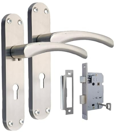 Epsom Door Handle Astrid Arched Satin Finish Interior Door Handle Set Modern Lever on Backplate, 180mm x 38mm, Latch, Keyed and Bathroom Options (Lock Handle + 3 Lever Sash Lock)