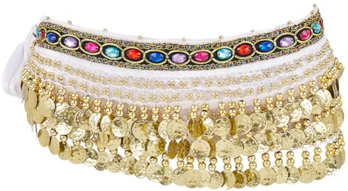 GORGECRAFT Bauchtanz Hüfttuch Dreilagig Baumelnde Goldmünze Handgelenksquaste Kette Wickelrock Halloween Kostümzubehör Für Frauen Musikfestival Cosplay Bikinikleid Bauchtanz Yoga Kurs Weiß