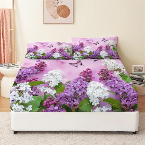 Planta Flor Lila Mariposa Sábana Bajera Ajustable 160x200 cm Microfibra hipoalergénica Transpirable con Estampado Sábana Bajera Ajustable Púrpura para Colchón de 30cm de Altura