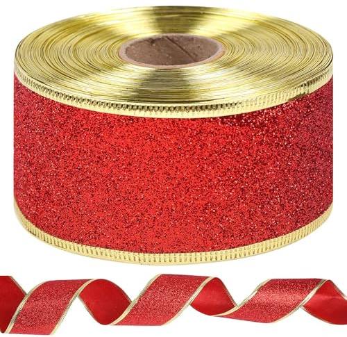 1 Rolle Rote Geschenkband Weihnachten 25 Yard/22M Glitter Weihnachtsbänder Schleifenband Satinband Dekorative Bastelband für DIY Geschenkverpackungen Weihnachtsbastel Weihnachtsbaum Dekor