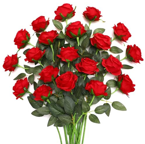 JUSTOYOU 20 PCS Red Rose Artificial Flower,Silk Blooming Rose with Stem,Artificial Rose Bouquet Realistic Flower for Home Table Office Party Wedding Garden Arrangements(Blossom Roses red)