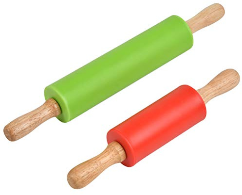 2 stück Nudelholz mit Holzgriff Silikon Antihaft-Oberfläche Teigrolle mit Holzgriff und Antihaft-Nudelhölzer zum Backen von Pizza, Silikon Nudelholz mit Holzgriff für Gebäck,Desserts, Pizza, Pasteten