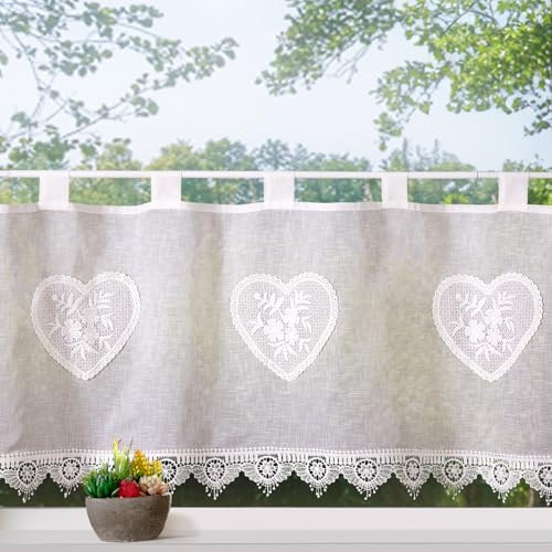 heimtexland® - Rideau brise-bise - Gardine de style maison de campagne - Aspect lin naturel - Bistrogardine - 45x120 - Bordure en macramé - Application en forme de cœur - Type 896
