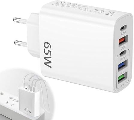 Caricatore Multiplo, Caricatore Rapido USB Multipla, Caricabatterie Multiplo con Intelligente QC 3.0 Spina USB C 65W 5 Porto, Carica Cellulare Universale per Iphone 15 14 13 12 SE XS, Samsung Galaxy