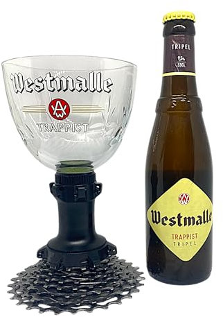 Calice Trappiste Westmalle en Engrenage de Vélo pour Dérailleur - Verre Unique et Design - Calice Westmalle - Art et Design Unique sur Piédestal en Engrenage de Chaîne de Vélo - Verre Westmalle