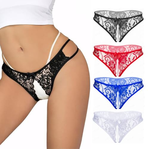 KOEMCY 4 Stück Unterhosen Damen Sexy Low Waist Slips Verführerisches Unterwäsche Thong im Schritt Offen Spitze String Mehrfarbig (L)