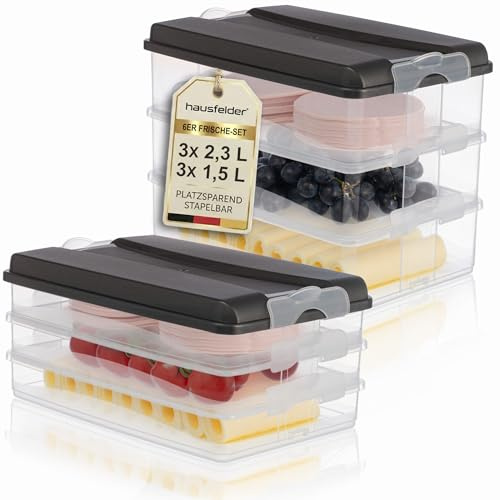 Hausfelder Aufschnittboxen Set 3x 2,3 l + 3x 1,5 l, Anthrazit | Stapelbare Aufschnittboxen mit Deckel für den Kühlschrank, Organizer, Anthrazit