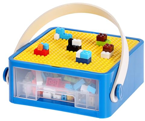 OGANAZI Plastic Building Block Bricks Storage Box, Blue+Yellow, Only Box | Storage Container with Carrying Handle and building Lid for Interlocking Building Accessories, Portable Lego Box Lego Storage