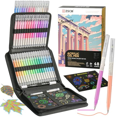ZSCM Cuaderno de bocetos de papel negro y 48 bolígrafos de gel acrílico de colores para dibujar, bolígrafo de tinta acrílica de punto fino de 1 mm, lápices de tinta de archivo opacos para dibujar