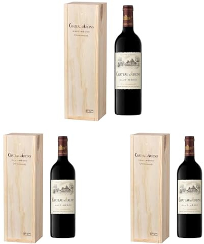 Coffret Cadeau Caisse Bois - MAGNUM Château Arcins - AOP Haut Medoc - Cru Bourgeois - Vin Rouge - 1,5 L (Lot de 3)