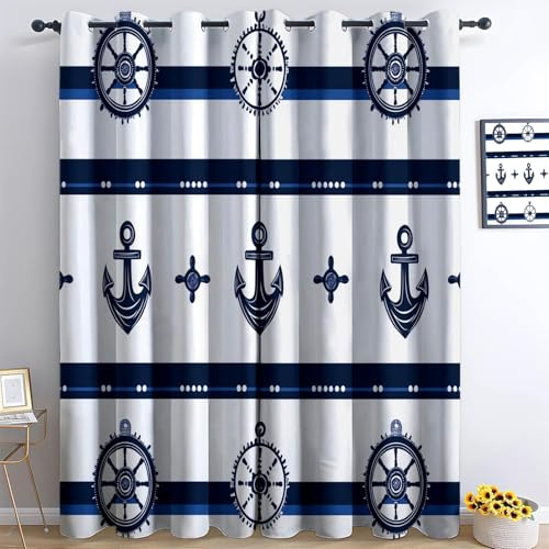Generico Bianco Tende Oscuranti Con Stampa 3D Tema Nautico Minimalista Termica Isolante Riduzione Rumore Insonorizzata Tendaggi, Per Decorazione Da Finest 2 Pezzi 92L X 214A Cm