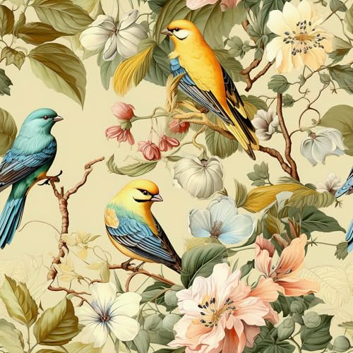 VEELIKE Selbstklebende Tapete Blumen Vintage Fototapete Blumen Vogel Gelb Blumentapete Chinoiserie Tapete Vogel Mustertapete Wand Dekoration Schlafzimmer Badezimmer Möbelfolie Muster 44.5 cm × 300 cm