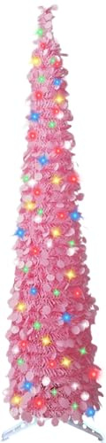 WINOK 5 FT Collapsible Artificial Christmas Tree with 100 Lights (Pink) | Collapsible Pop Up Tinsel Tree with 100 Color Lights for Home Party Indoor Outdoor Xmas Decoration