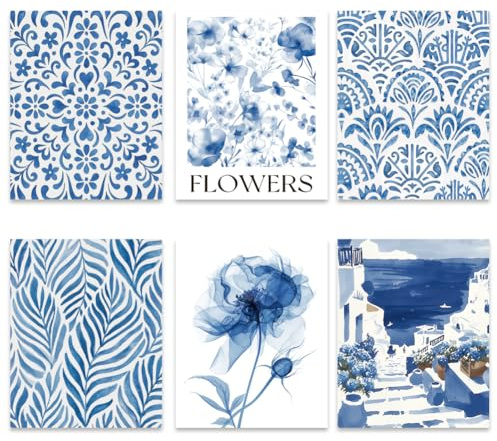 GOMAKERER 6 stampe artistiche da parete blu costiere, poster estetici da parete blu e bianco, immagini azzurre per decorazione da parete per camera da letto, galleria, decorazione per la casa, (20,5 x