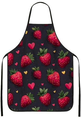 Delantal de cocina de fresas, bonito delantal con estampado de bayas para cocinar y hornear, elegante delantal culinario para reuniones de verano, Negro -, 24x31 Inch