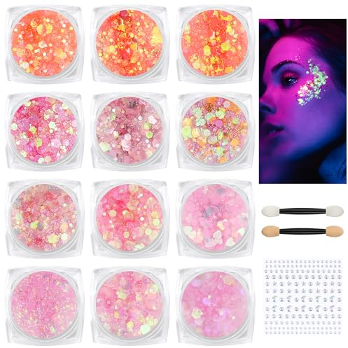 BUTBU Fluorescerande paljetter, 12 färger gelglitter för kropp, fluoreszierendes, glitter smink gel för kropp, läppar, smink, maskerad, halloween, jul, musikaliska fester