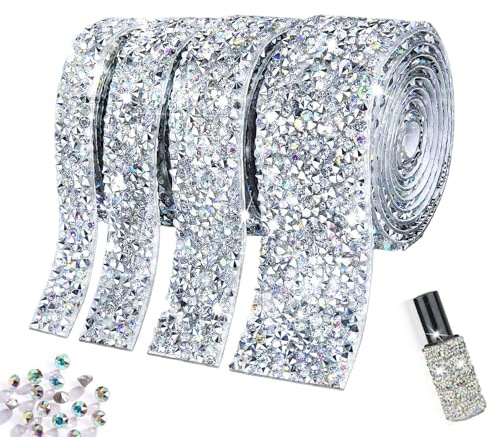 JVHLOV 4 Rollos Cinta de Diamantes Autoadhesiva, Varios Anchos, Plateado AB | Acabado iridiscente para manualidades, decoración DIY, bodas, fiestas, ropa y regalos