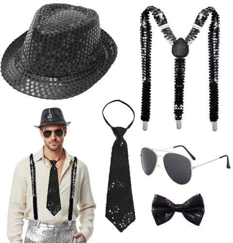 Glitzer Outfit Herren, Pailletten Kostüme Herren mit Glitzer Hut Fliege Krawatte Y-Back Hosenträger Silber Gläser, Disco Kostüm Accessoires für Fasching Disco Retro-Party Dance (Schwarz Pailletten)