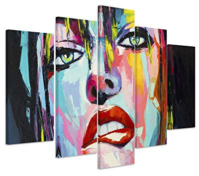 Paul Sinus Art Bilderskulptur 5 teilig Breite 150cm x Höhe 100cm Farbenfrohes Portrait einer Frau mit grünen Augen auf Leinwand exklusives Wandbild moderne Fotografie für ihre Wand in vielen Größen