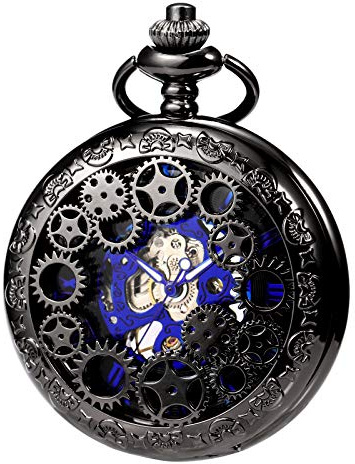 TREEWETO Reloj de bolsillo mecánico con esqueleto para hombre y mujer, acabado de bronce, caja hueca, reloj de bolsillo steampunk con caja de cadena, Black102, Vintage