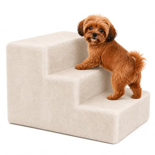 lionto Scala per animali con rivestimento in peluche 46x36x34 cm, scala robusta con gradino basso 10 cm, salva-articolazioni, rivestimento sfoderabile e lavabile, portata fino a 50 kg, beige